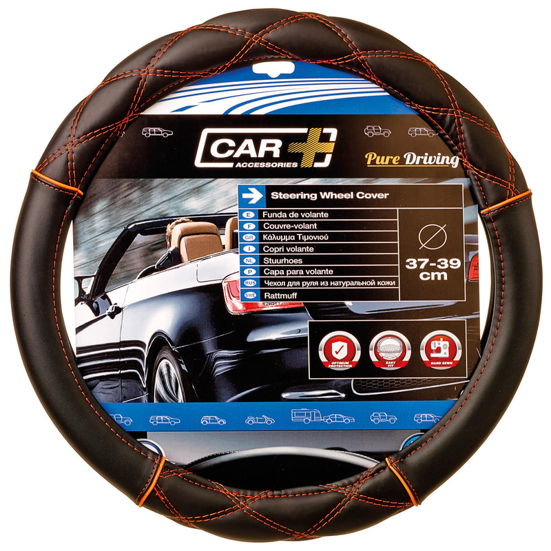 Auto stuurhoes zwart leer met orange kruis stiksel 37-39cm
