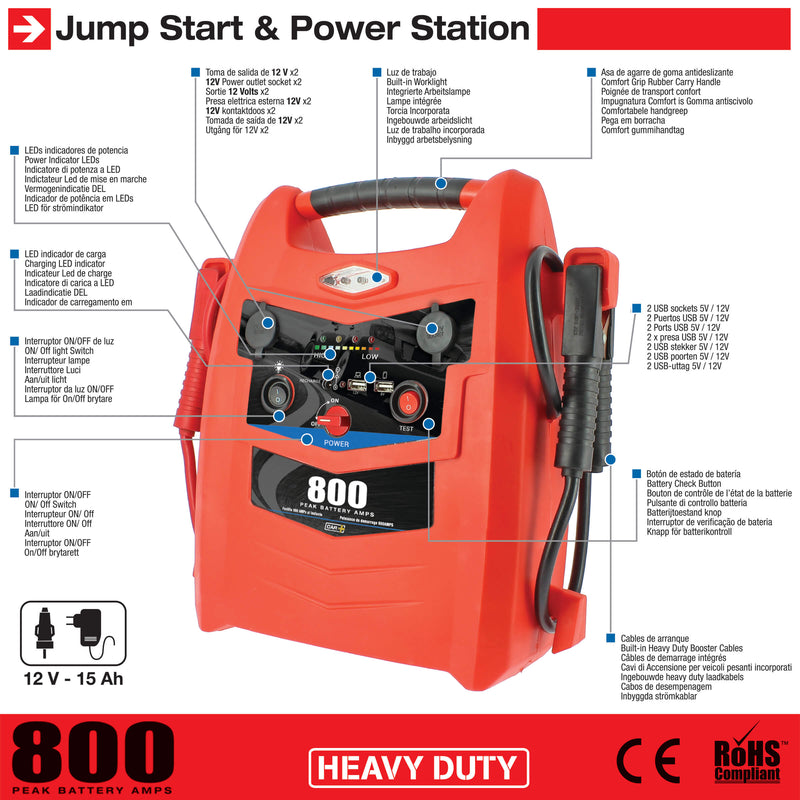 Jump starter 12V 800 ampere oplaadbaar