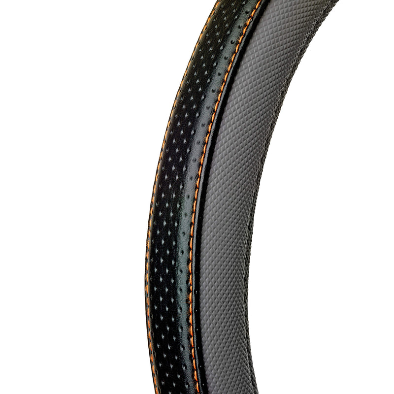 Auto stuurhoes Grijs zwart leer met Oranje stiksel 37-39cm