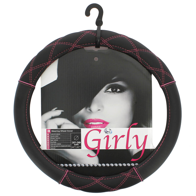 Auto stuurhoes zwart met roze kruis stiksel 37-39cm