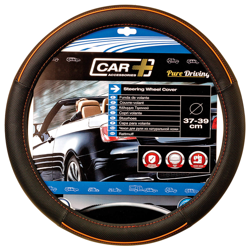 Auto stuurhoes zwart leer met orange line en stiksel 37-39cm